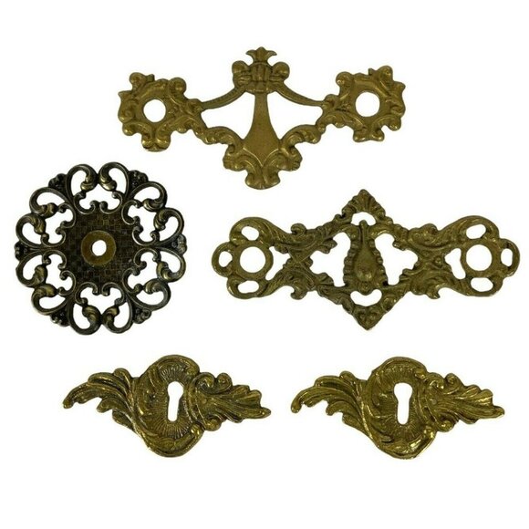 Brass Metal Furniture Embellishments Set Of 5 Vintage Decorative Hardware Pieces - Picture 1 of 10